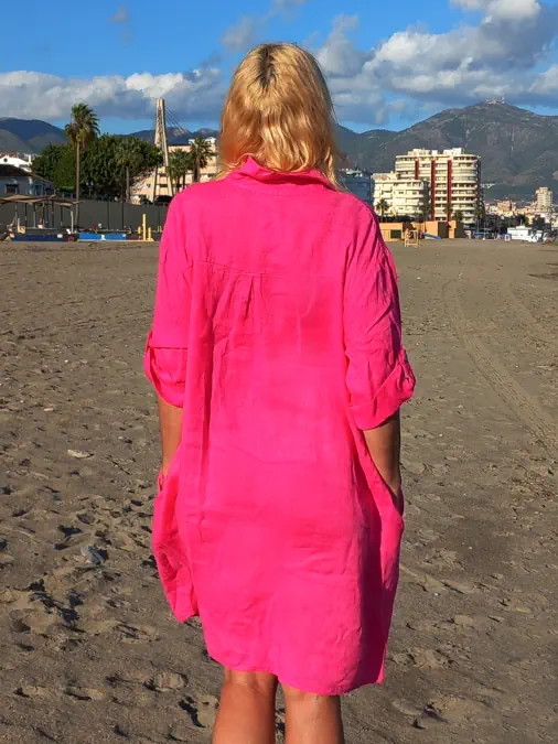 pinkki naisten pusero Naisten pitkä Pellava paitapusero